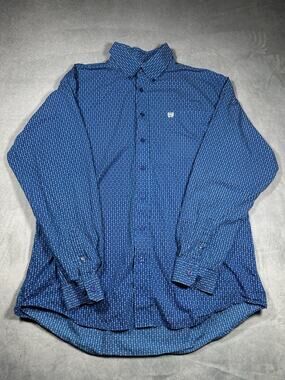 Cinch Shirt Mens L Blue Chest Pocket Logo Western Cowboy All Over Print